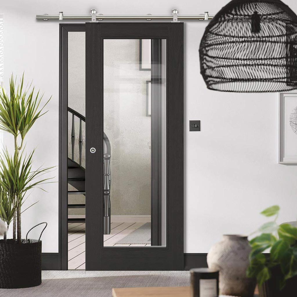 Sirius Tubular Stainless Steel Sliding Track & Diez Charcoal Black 1L Door - Raised Mouldings - Clear Glass - Prefinished