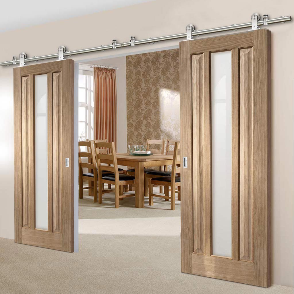 Sirius Tubular Stainless Steel Sliding Track & Kilburn 1 Pane Oak Double Door - Clear Glass - Unfinished