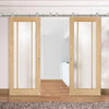 Sirius Tubular Stainless Steel Sliding Track & Lincoln 3 Pane Oak Double Door - Frosted Glass - Unfinished