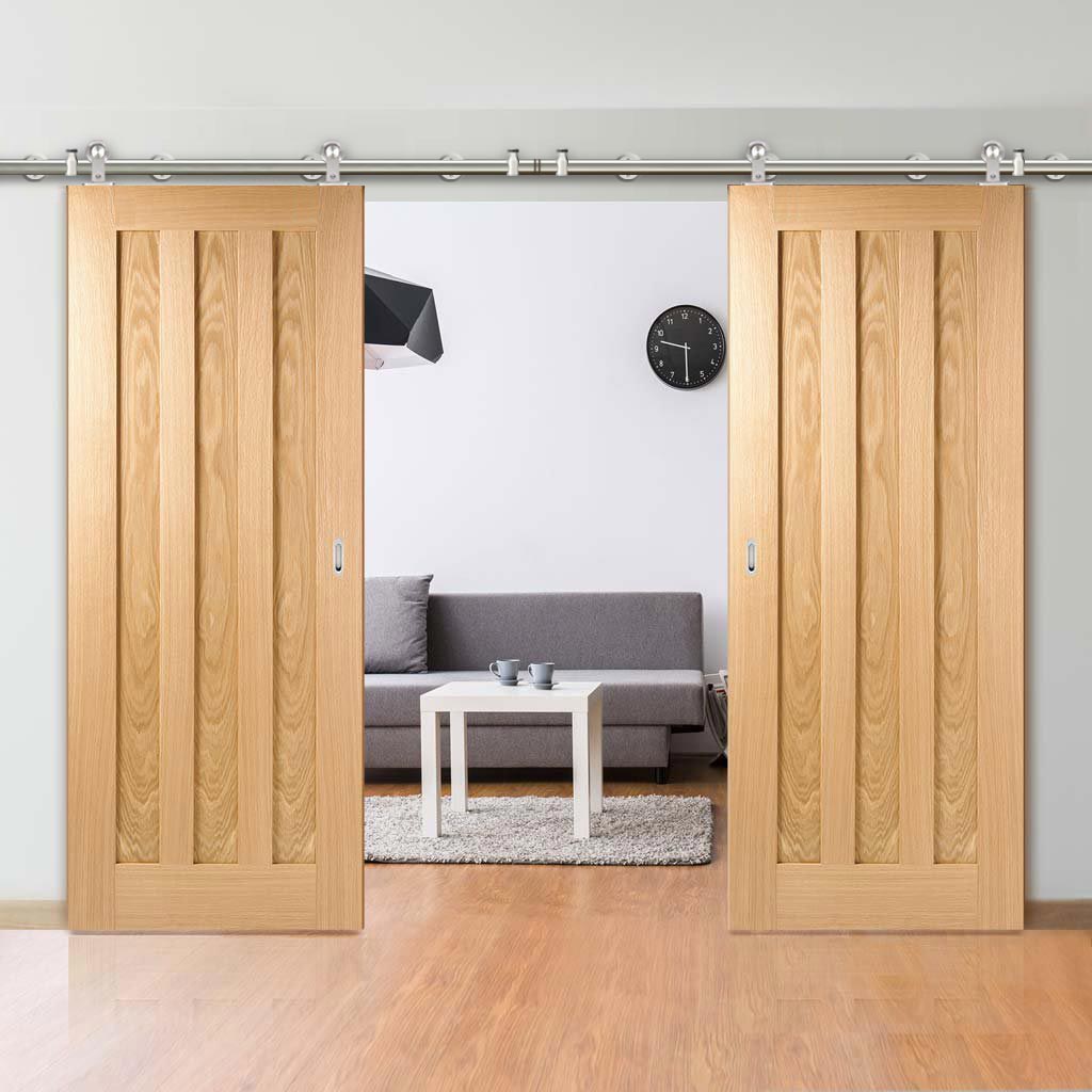 Sirius Tubular Stainless Steel Sliding Track & Idaho 3 Panel Oak Double Door - Prefinished