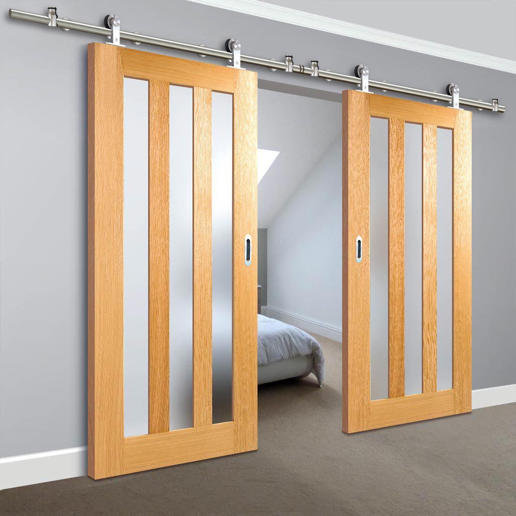 Sirius Tubular Stainless Steel Sliding Track & Utah 3 Pane Oak Double Door - Frosted Glass - Prefinished