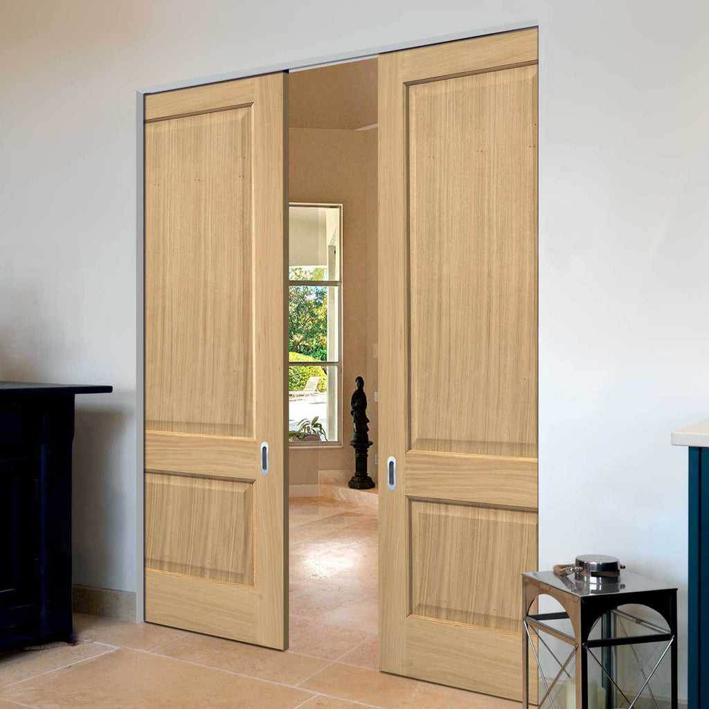 Oak Trent 2 Panel Absolute Evokit Double Pocket Doors - Prefinished