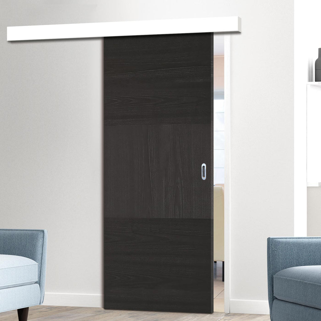 Single Sliding Door & Wall Track - Tres Charcoal Black Flush Door - Prefinished