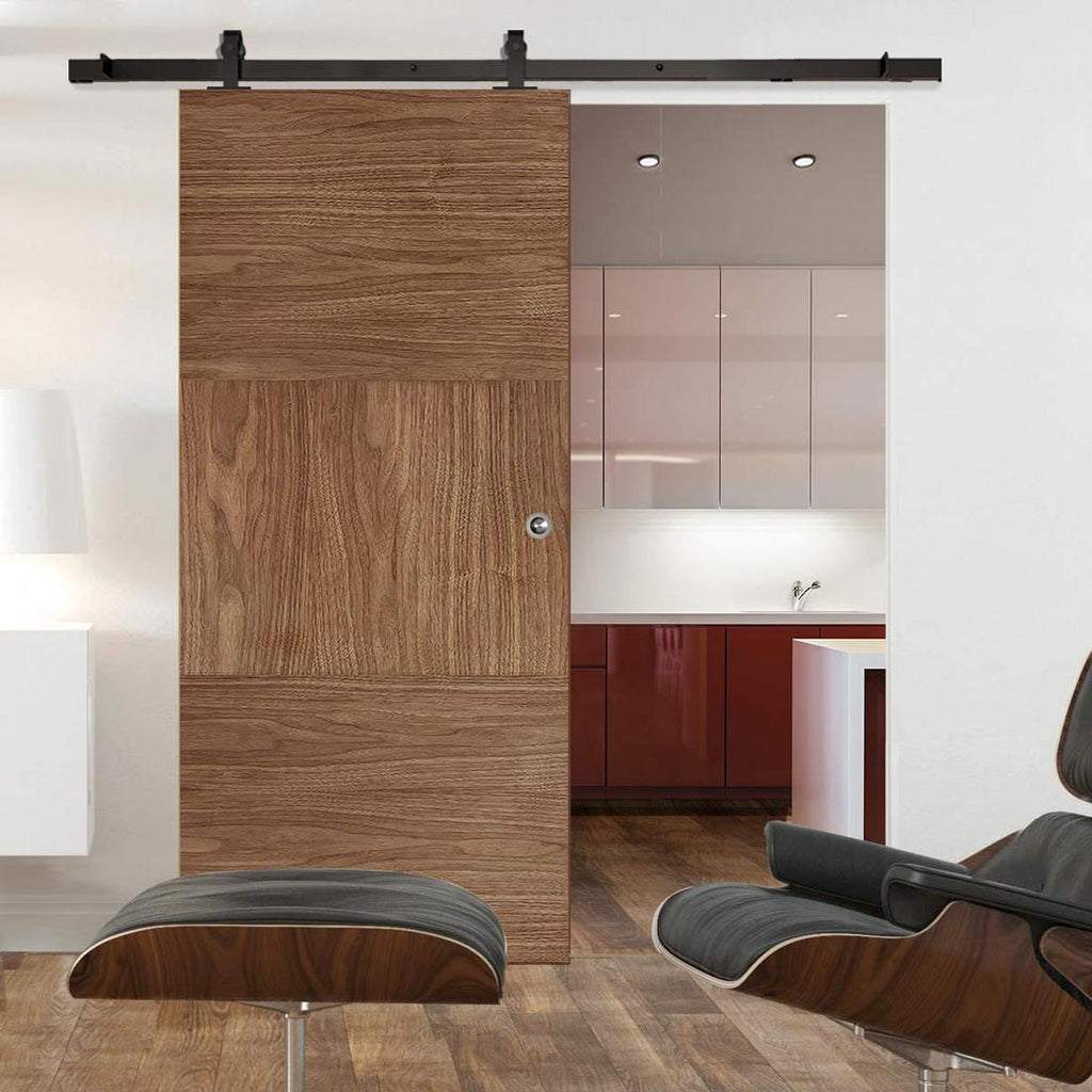 Top Mounted Black Sliding Track & Door - Tres Walnut Flush Door - Prefinished