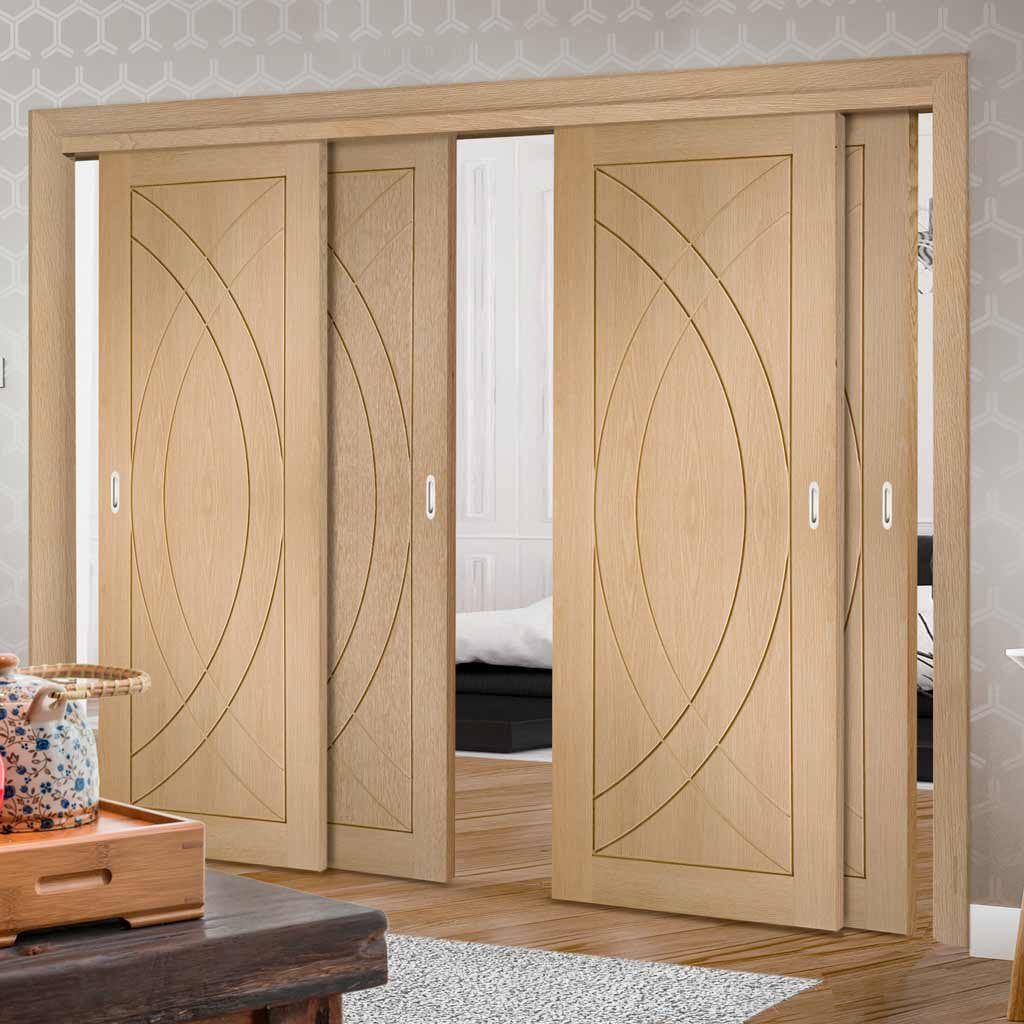 Bespoke Thruslide Treviso Oak Flush - 4 Sliding Doors and Frame Kit - Prefinished