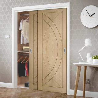 Image: Bespoke Thruslide Treviso Oak Flush 2 Door Wardrobe and Frame Kit - Prefinished