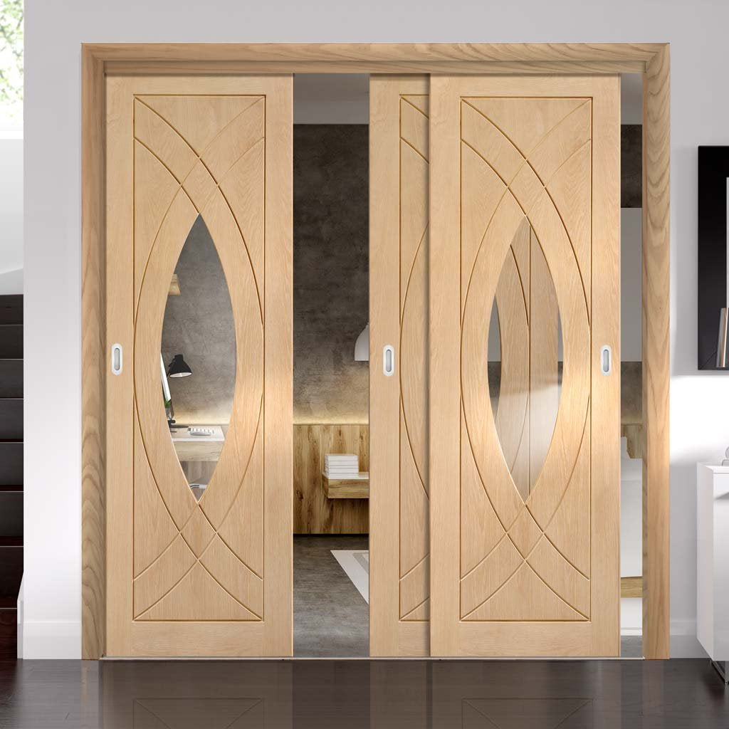 Bespoke Thruslide Treviso Oak Glazed - 3 Sliding Doors and Frame Kit