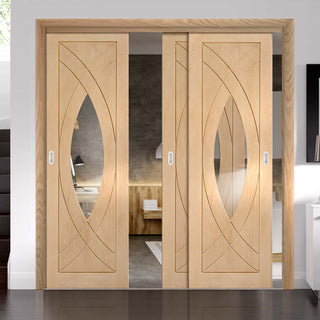 Image: Bespoke Thruslide Treviso Oak Glazed - 3 Sliding Doors and Frame Kit