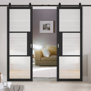 Image: Top Mounted Black Sliding Track & Double Door - Tribeca 3 Pane Black Painted Doors - Reeded Glass