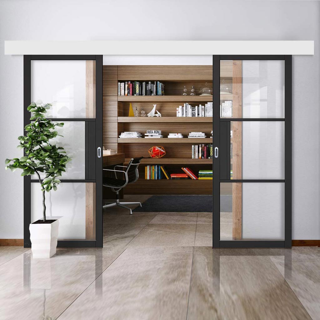 Double Sliding Door & Wall Track - Tribeca 3 Pane Black Painted Door - Clear Glass