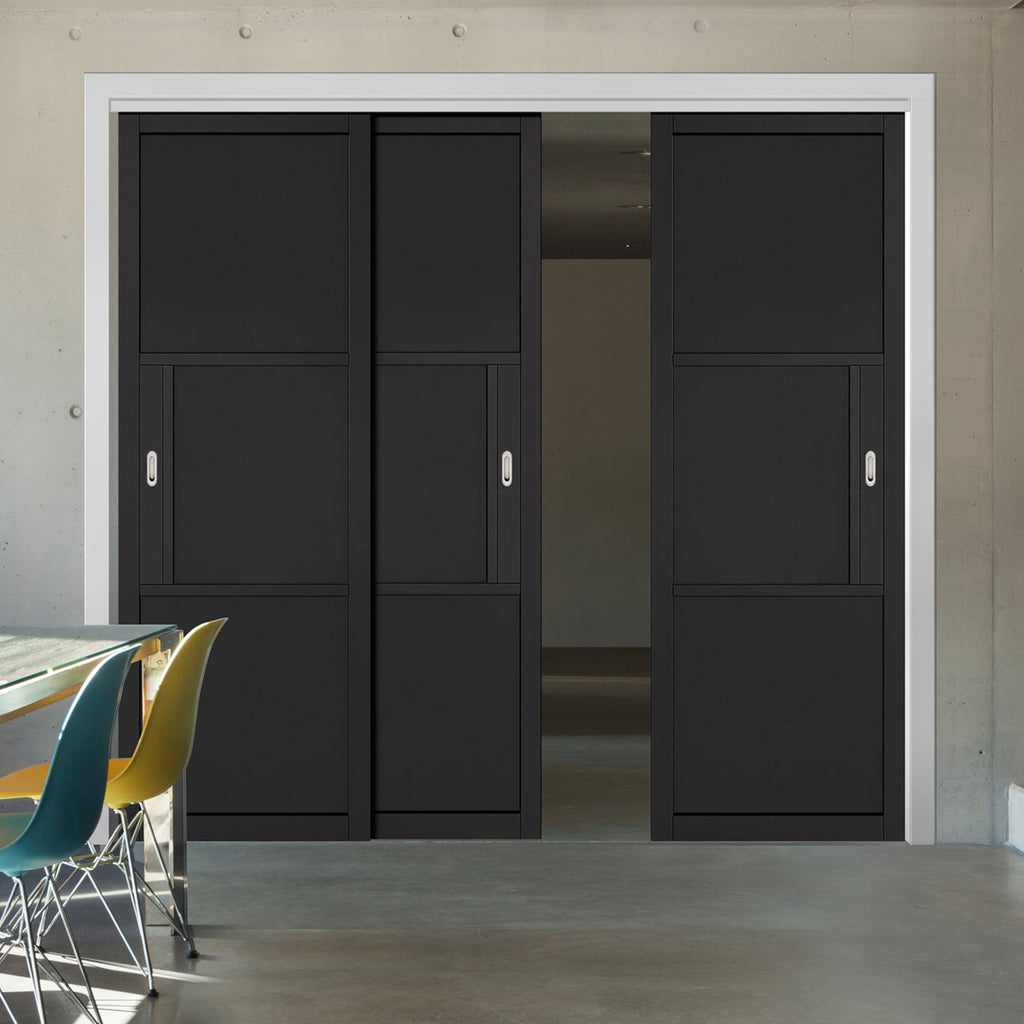 Pass-Easi Three Sliding Doors and Frame Kit - Tribeca 3 Panel Black Painted Door - Prefinished