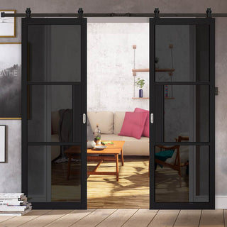 Image: Top Mounted Black Sliding Track & Double Door - Tribeca 3 Pane Black Painted Doors - Tinted Glass