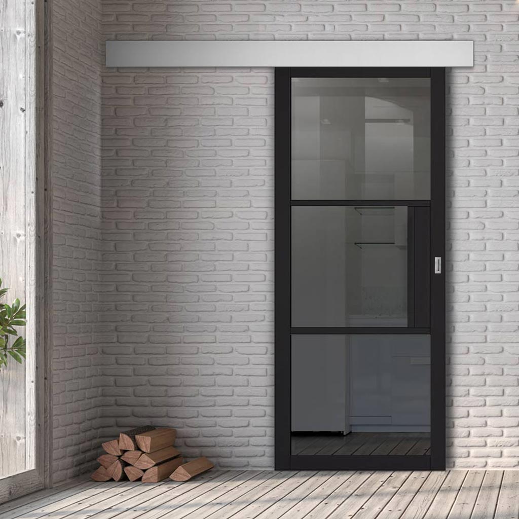 Single Sliding Door & Wall Track - Tribeca 3 Pane Black Painted Door - Tinted Glass