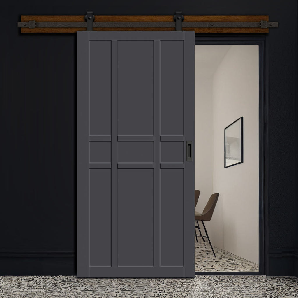 Top Mounted Black Sliding Track & Solid Wood Door - Eco-Urban® Tromso 9 Panel Solid Wood Door DD6402 - Stormy Grey Premium Primed