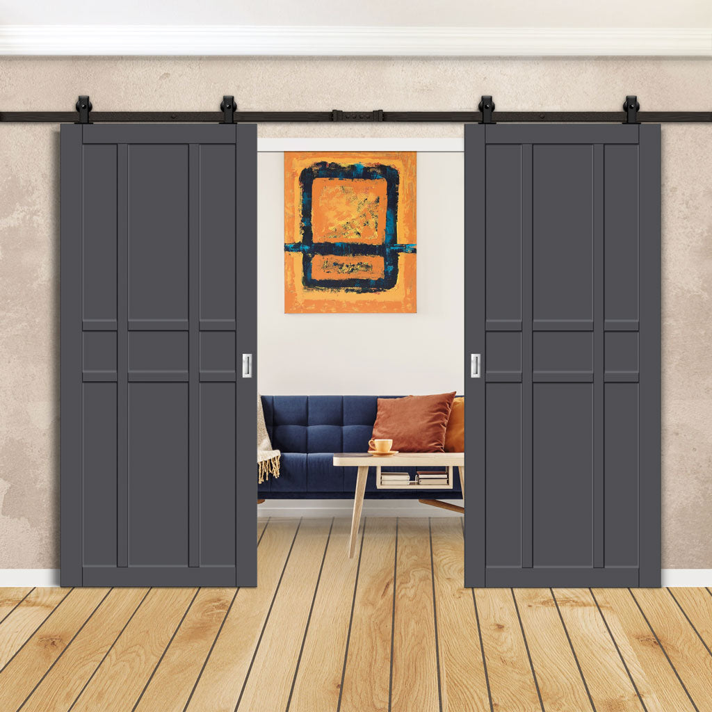 Top Mounted Black Sliding Track & Solid Wood Double Doors - Eco-Urban® Tromso 9 Panel Doors DD6402 - Stormy Grey Premium Primed