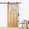 Top Mounted Black Sliding Track & Door - DX 1930's Oak Door - Obscure Glass - Prefinished