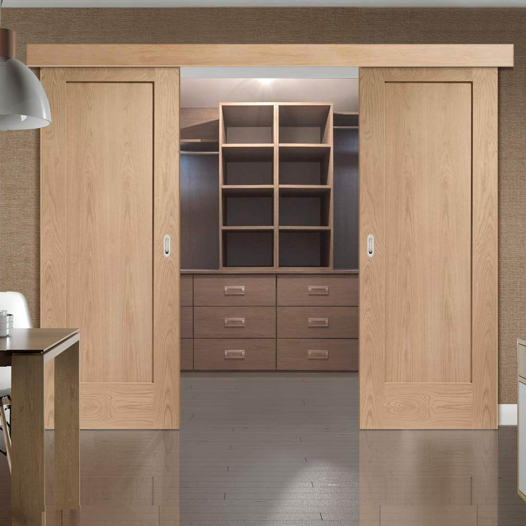 Double Sliding Door & Wall Track - Pattern 10 Oak 1 Panel Doors - Unfinished