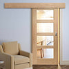 Single Sliding Door & Wall Track - Shaker Oak 4 Pane Door - Clear Glass - Unfinished