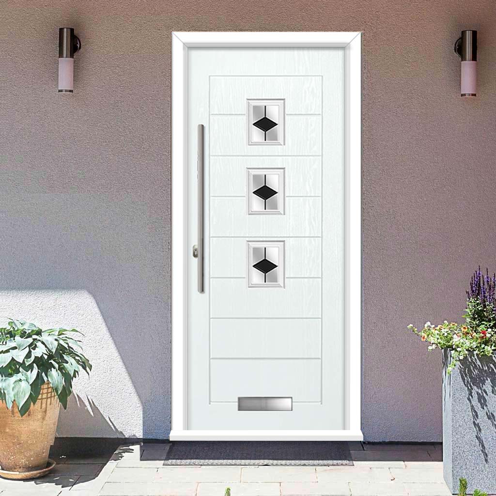 Aruba 3 Urban Style Composite Front Door Set with Diamond Black Glass - Shown in White