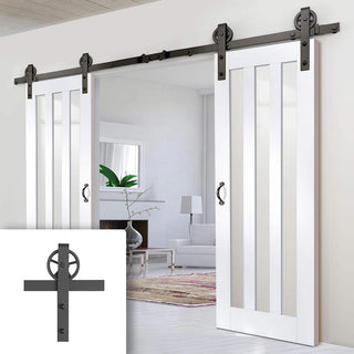 Image: Double Sliding Door & Wagon Wheel Black Track - Utah 3 Pane Doors - Clear Glass - White Primed