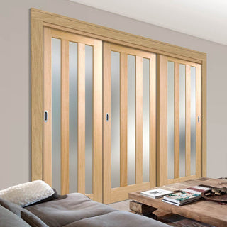 Image: Three Sliding Doors and Frame Kit - Utah 3 Pane Oak Door - Frosted Glass - Unfinished