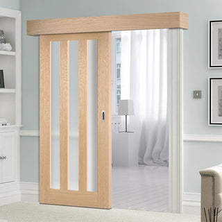 Image: Single Sliding Door & Wall Track - Utah 3 Pane Oak Door - Frosted Glass - Prefinished