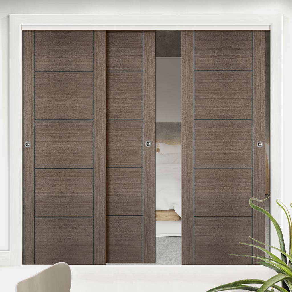 Three Sliding Doors and Frame Kit - Vancouver Flush Chocolate Grey Door - Prefinished