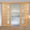 Double Sliding Door & Wall Track - Vancouver 4 Pane Oak Doors - Clear Glazed Offset - Prefinished