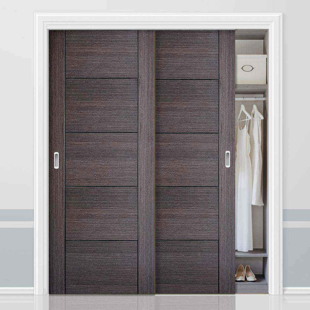 Two Sliding Wardrobe Doors & Frame Kit - Vancouver Flush Ash Grey Door - Prefinished