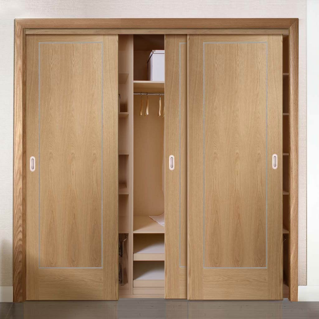 Bespoke Thruslide Varese Oak Flush 3 Door Wardrobe and Frame Kit - Aluminium Inlay - Prefinished