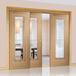 Image: Bespoke Thruslide Varese Oak Glazed - 3 Sliding Doors and Frame Kit - Aluminium Inlay - Prefinished