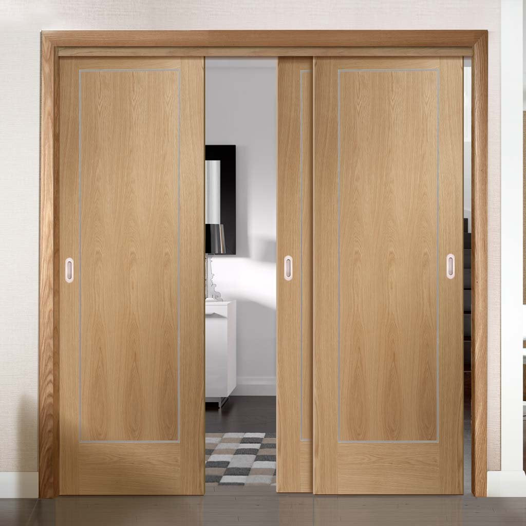 Bespoke Thruslide Varese Oak Flush - 3 Sliding Doors and Frame Kit - Aluminium Inlay - Prefinished