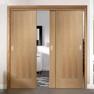 Image: Bespoke Thruslide Varese Oak Flush - 3 Sliding Doors and Frame Kit - Aluminium Inlay - Prefinished