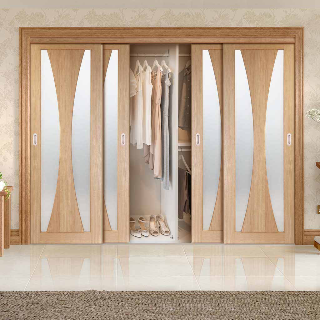 Minimalist Wardrobe Door & Frame Kit - Four Verona Oak Doors - Obscure Glass - Unfinished