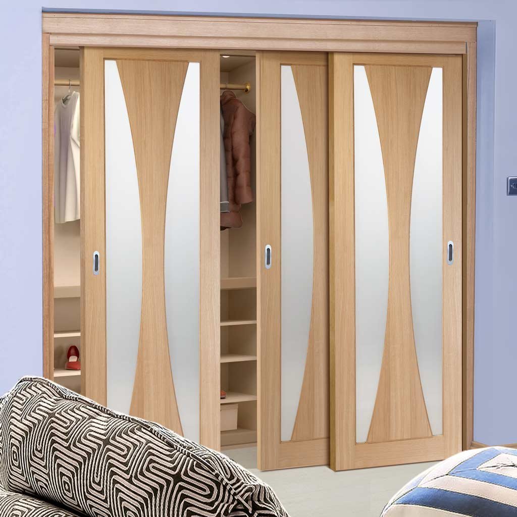 Minimalist Wardrobe Door & Frame Kit - Three Verona Oak Doors - Obscure Glass - Unfinished