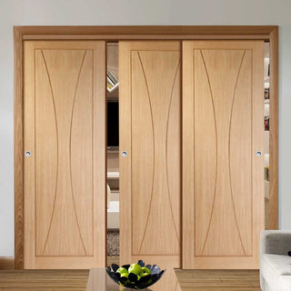 Image: Bespoke Thruslide Verona Oak Flush - 3 Sliding Doors and Frame Kit - Prefinished