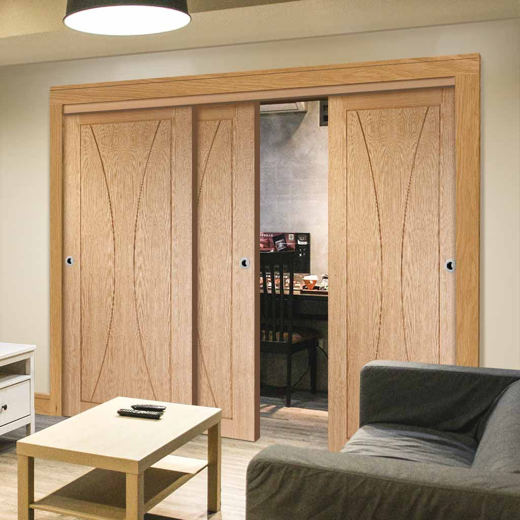 Bespoke Thruslide Verona Oak Flush - 3 Sliding Doors and Frame Kit