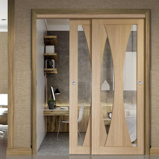 Image: Two Sliding Doors and Frame Kit - Verona Oak Door - Clear Glass - Prefinished