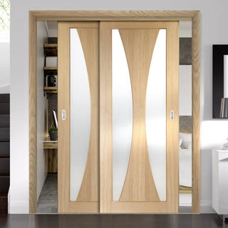 Image: Two Sliding Doors and Frame Kit - Verona Oak Door - Obscure Glass - Unfinished