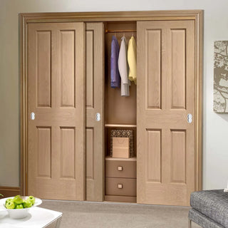 Image: Three Sliding Maximal Wardrobe Doors & Frame Kit - Victorian Oak 4 Panel Door - No Raised Mouldings - Prefinished