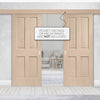 Double Sliding Door & Wall Track - Victorian Oak 4 Panel Door - No Raised Mouldings - Prefinished