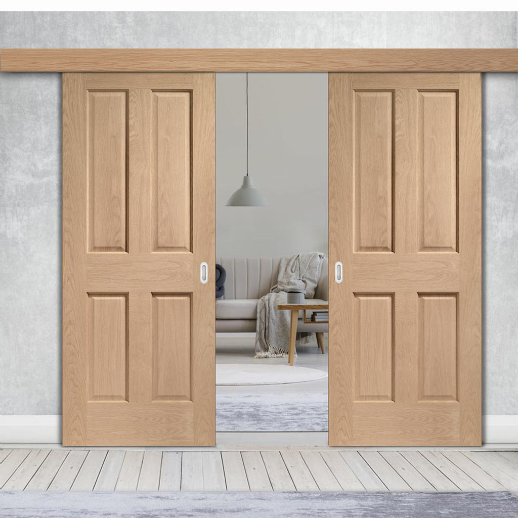 Double Sliding Door & Wall Track - Victorian Oak 4 Panel Door - No Raised Mouldings - Prefinished