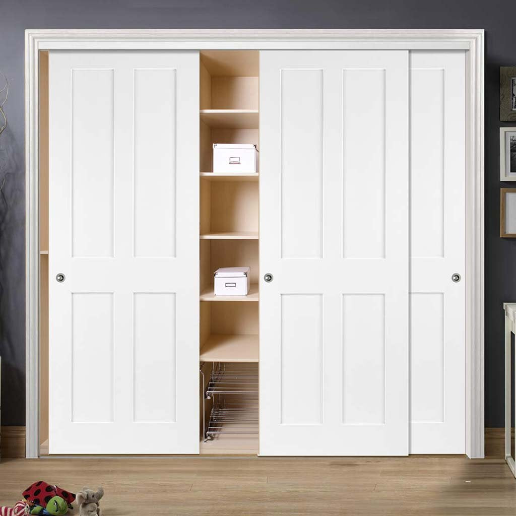 Bespoke Thruslide Victorian Shaker 4 Panel 3 Door Wardrobe and Frame Kit - White Primed