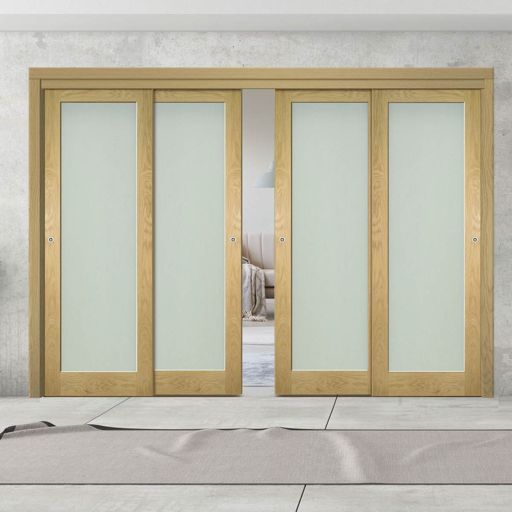 Pass-Easi Four Sliding Doors and Frame Kit - Walden Real American Oak Veneer Door - Frosted Glass - Unfinished