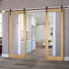 Double Sliding Door & Straight Antique Rust Track - Walden American Oak Veneer Door - Clear Safety Glass - Unfinished