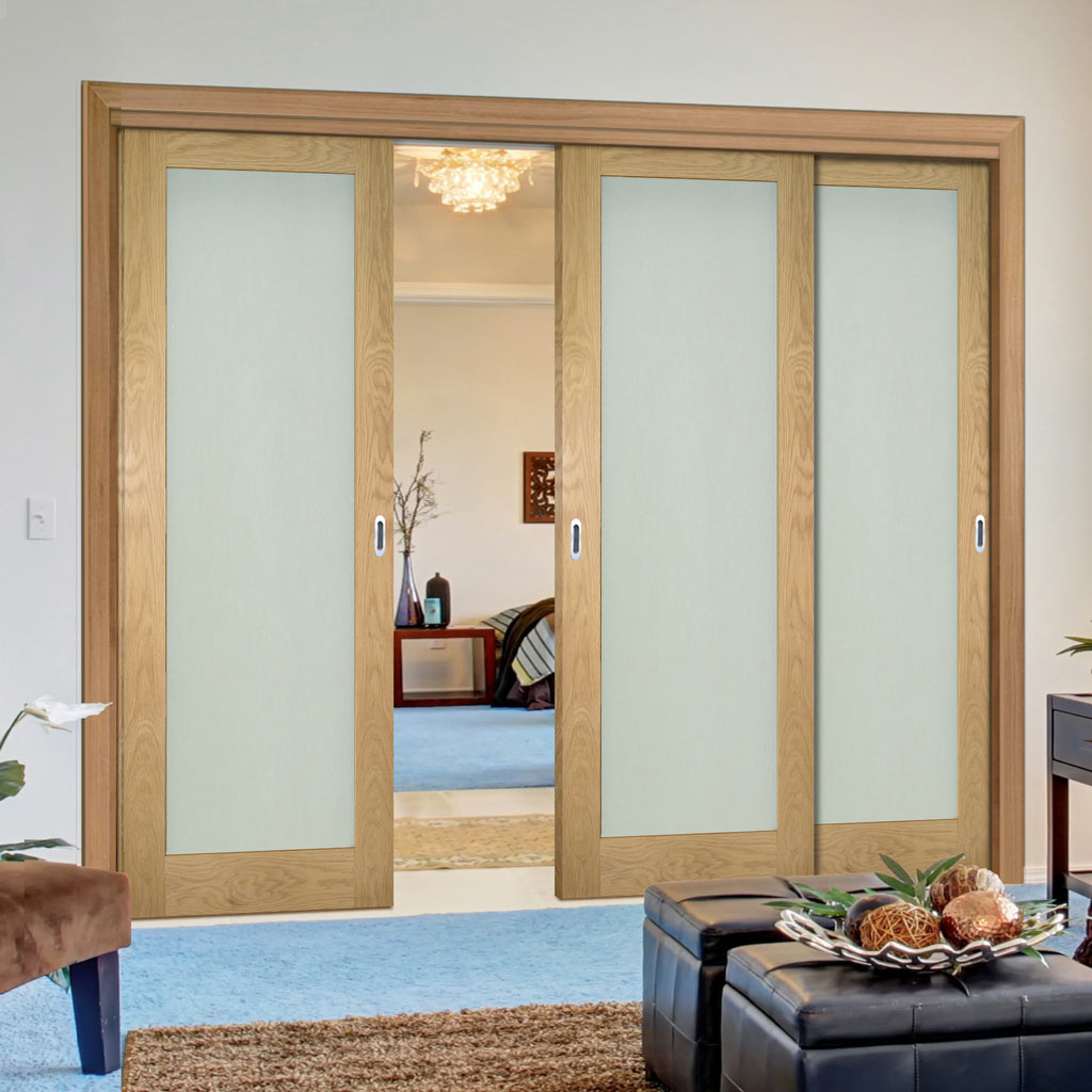 Pass-Easi Three Sliding Doors and Frame Kit - Walden Real American Oak Veneer Door - Frosted Glass - Unfinished