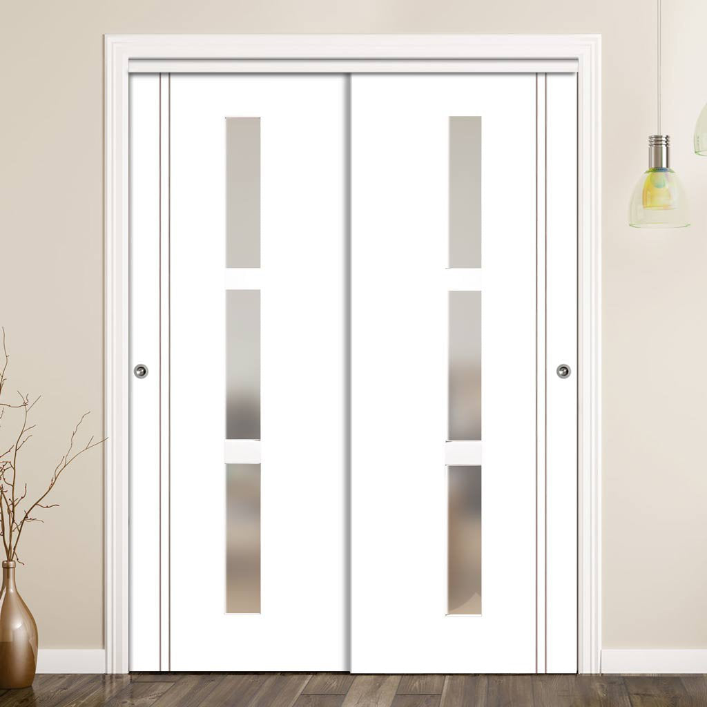 Two Sliding Wardrobe Doors & Frame Kit - Sierra Blanco Door - Frosted Glass - White Painted