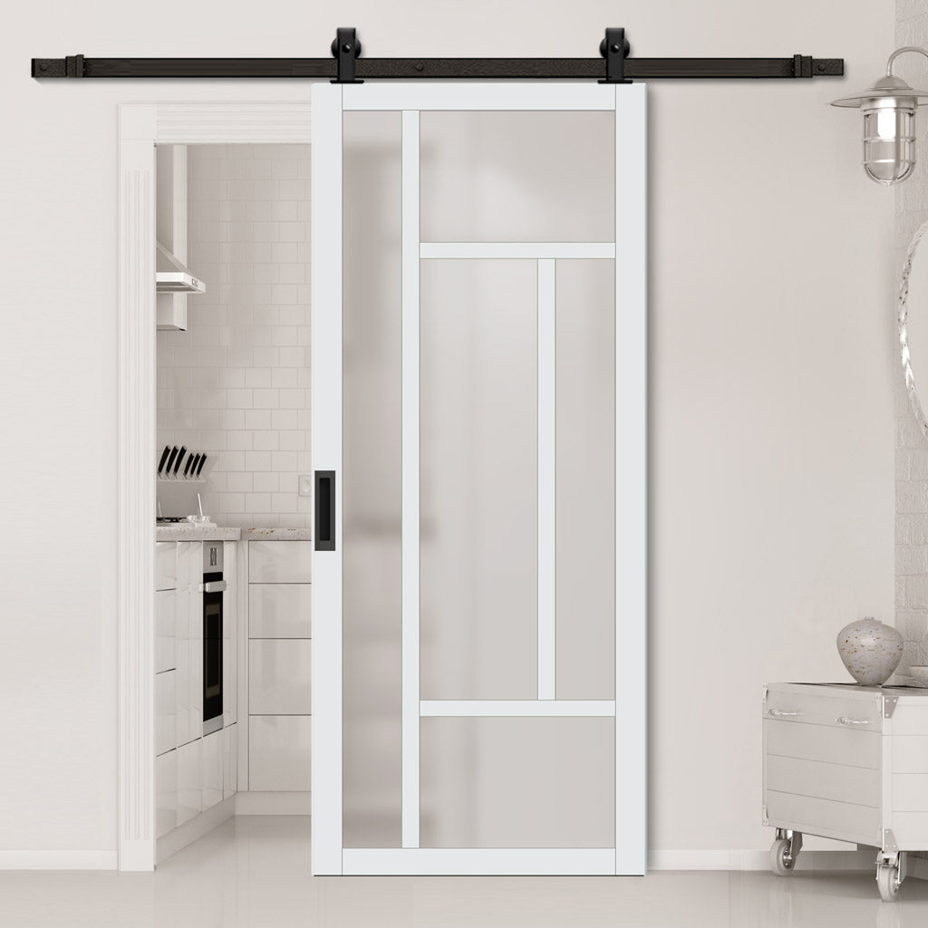 Top Mounted Black Sliding Track & Solid Wood Door - Eco-Urban® Morningside 5 Pane Solid Wood Door DD6437SG Frosted Glass - Cloud White Premium Primed