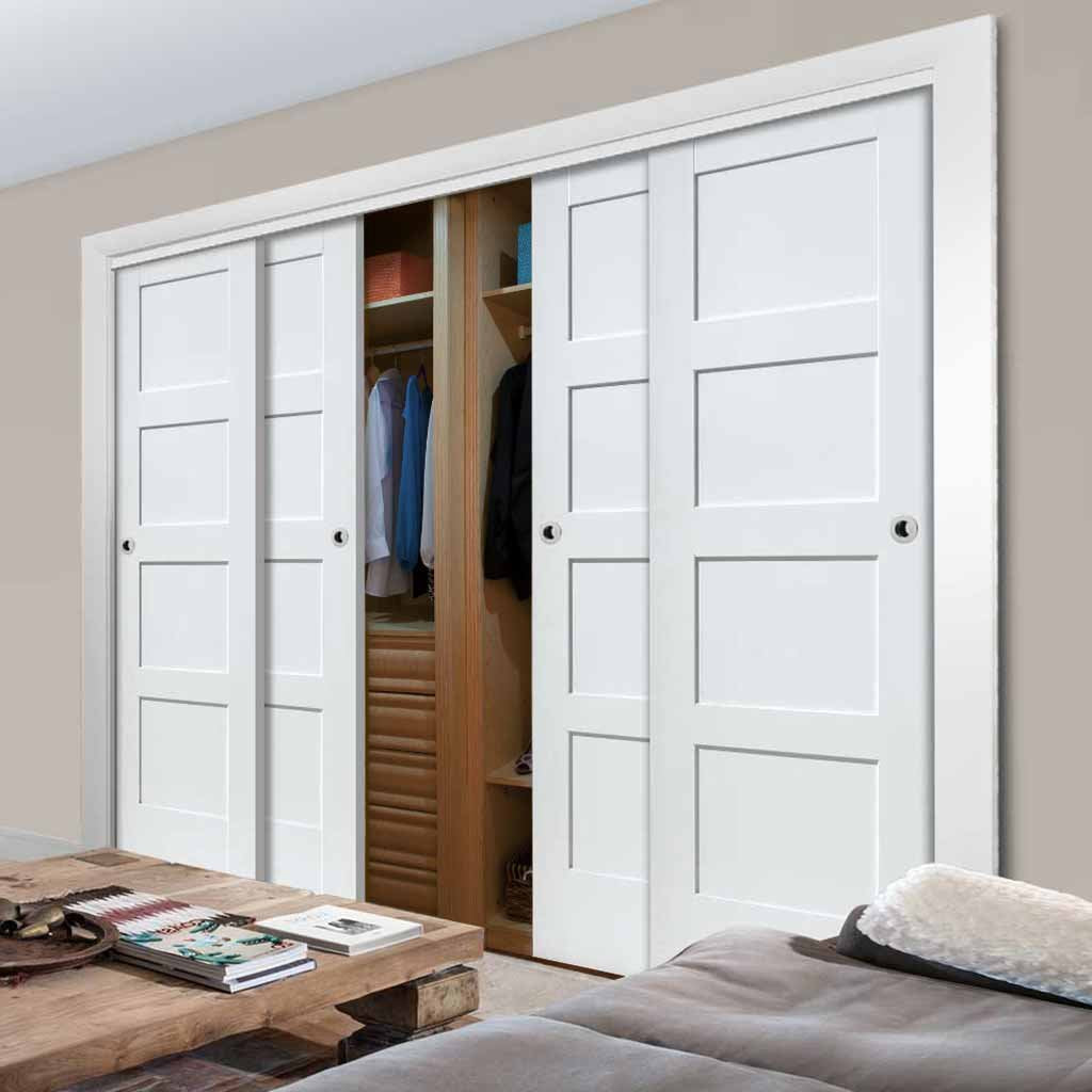 Bespoke Thruslide Shaker 4 Panel 4 Door Wardrobe and Frame Kit - White Primed