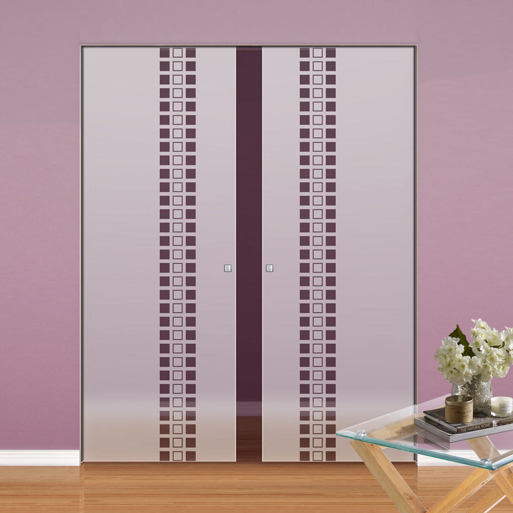 Winton 8mm Obscure Glass - Clear Printed Design - Double Absolute Pocket Door